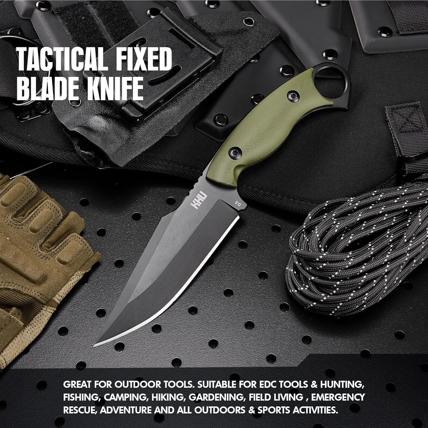 KHU Cuchillo Hoja Fija  Cuchillo Supervivencia Cuchillo Caza Cuchillo Bushcraft D2 Acero Mango de G10  Outdoor Caza Camping Acce