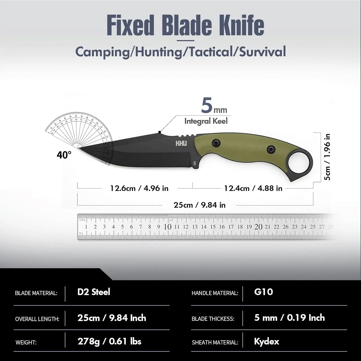 KHU Cuchillo Hoja Fija  Cuchillo Supervivencia Cuchillo Caza Cuchillo Bushcraft D2 Acero Mango de G10  Outdoor Caza Camping Acce