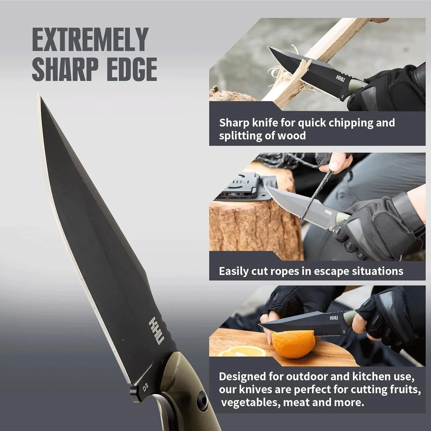 KHU Cuchillo Hoja Fija  Cuchillo Supervivencia Cuchillo Caza Cuchillo Bushcraft D2 Acero Mango de G10  Outdoor Caza Camping Acce