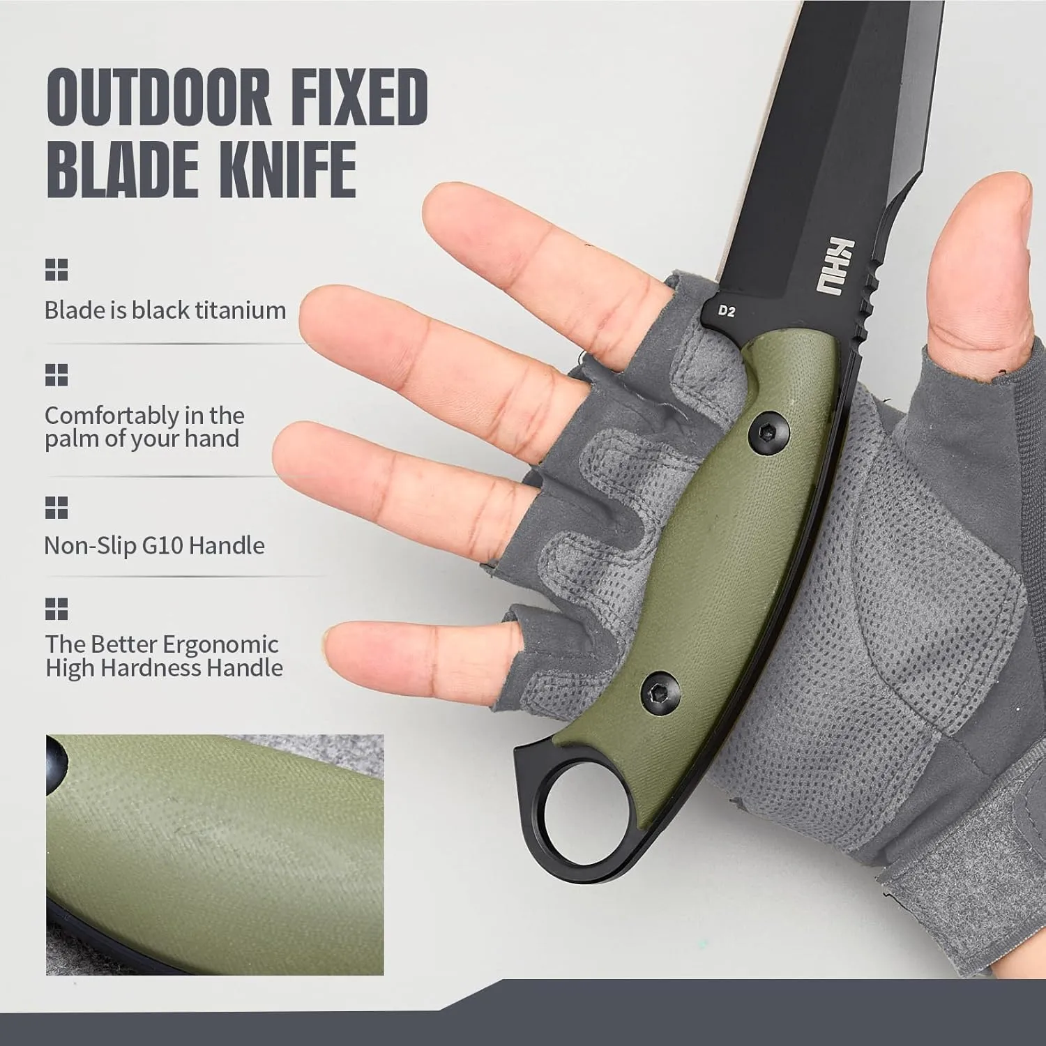 KHU Cuchillo Hoja Fija  Cuchillo Supervivencia Cuchillo Caza Cuchillo Bushcraft D2 Acero Mango de G10  Outdoor Caza Camping Acce