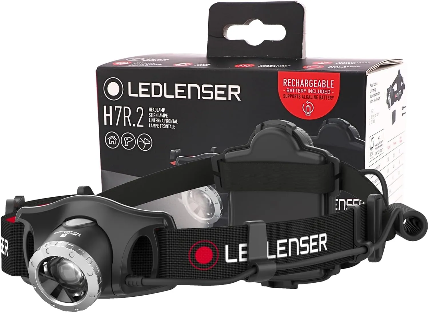 Ledlenser Linterna frontal LED H7R.2  recargable con batería de litio  utilizable también con 4 pilas AAA  300 lúmenes  regulaci