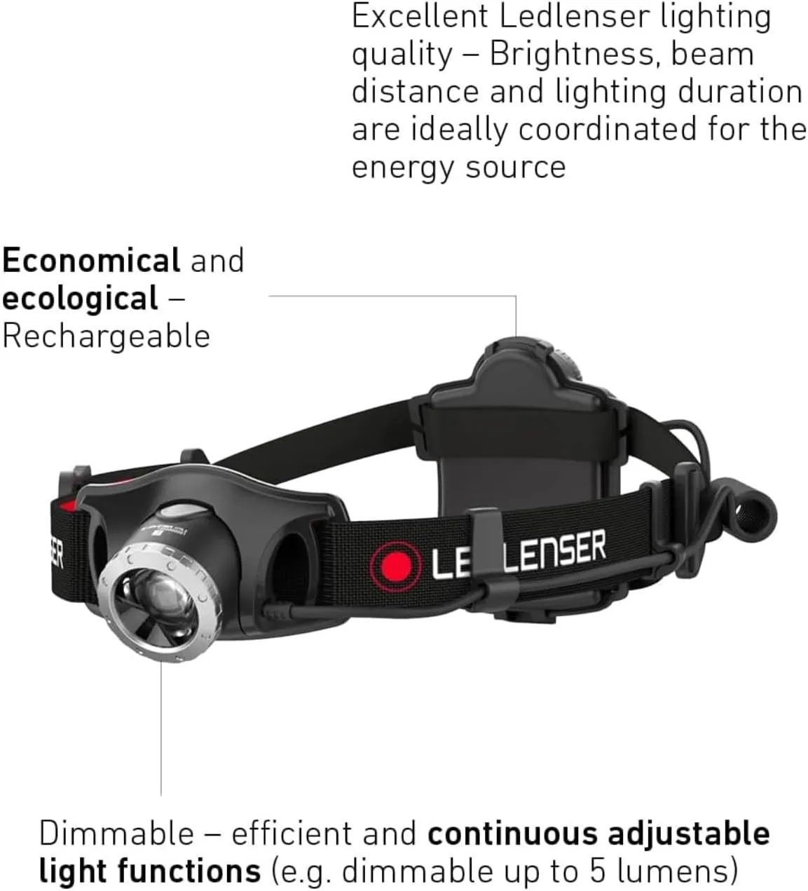 Ledlenser Linterna frontal LED H7R.2  recargable con batería de litio  utilizable también con 4 pilas AAA  300 lúmenes  regulaci