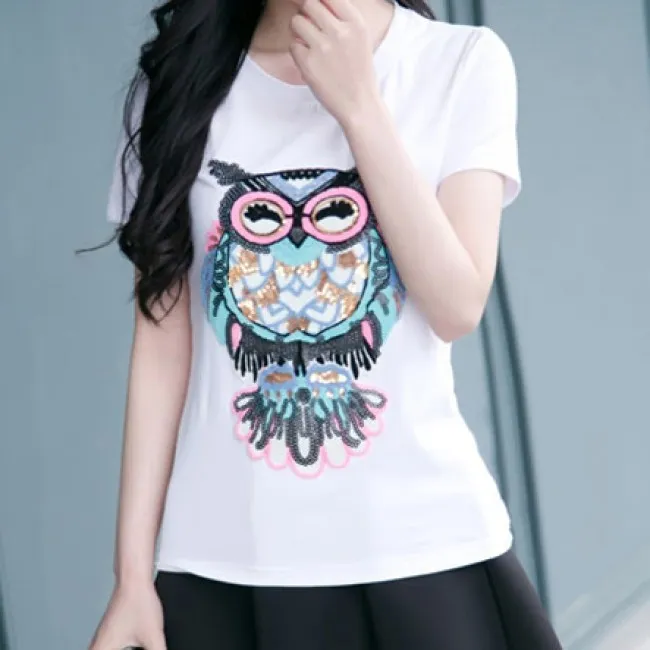 LEISURE SEQUINS CARTOON EMBROIDERED OWL PATTERN WHITE COTTON TSHIRT 