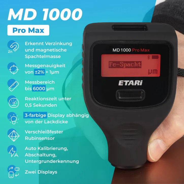 MD 1000 Pro Max, Profi Lackdickenmessgerät, Schichtdickenmessgerät zur Lackdickenmessung bis zu 6000 μm, erkennt magnetische Spa