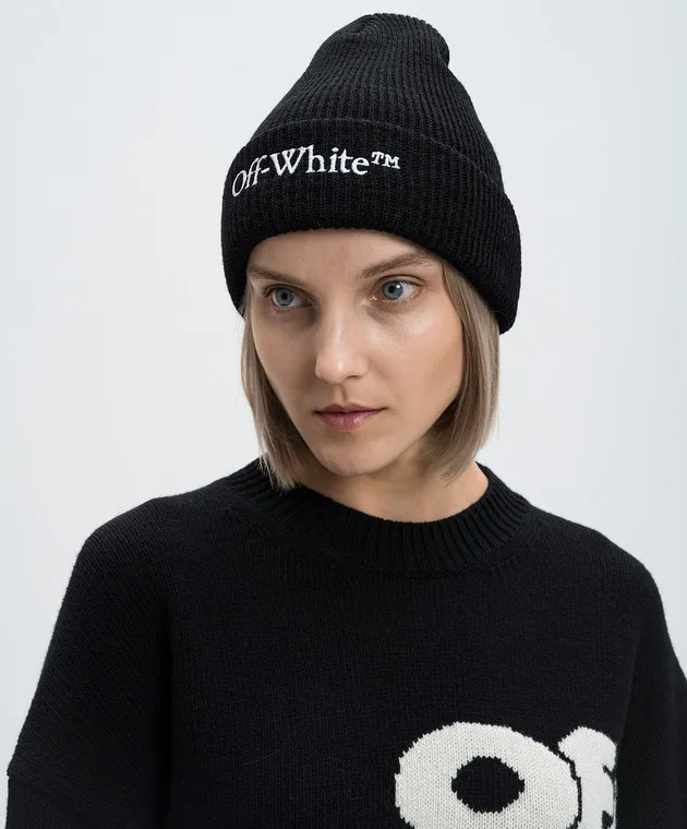 OFFWHITE BLACK WOOL CAP WITH LOGO EMBROIDERY