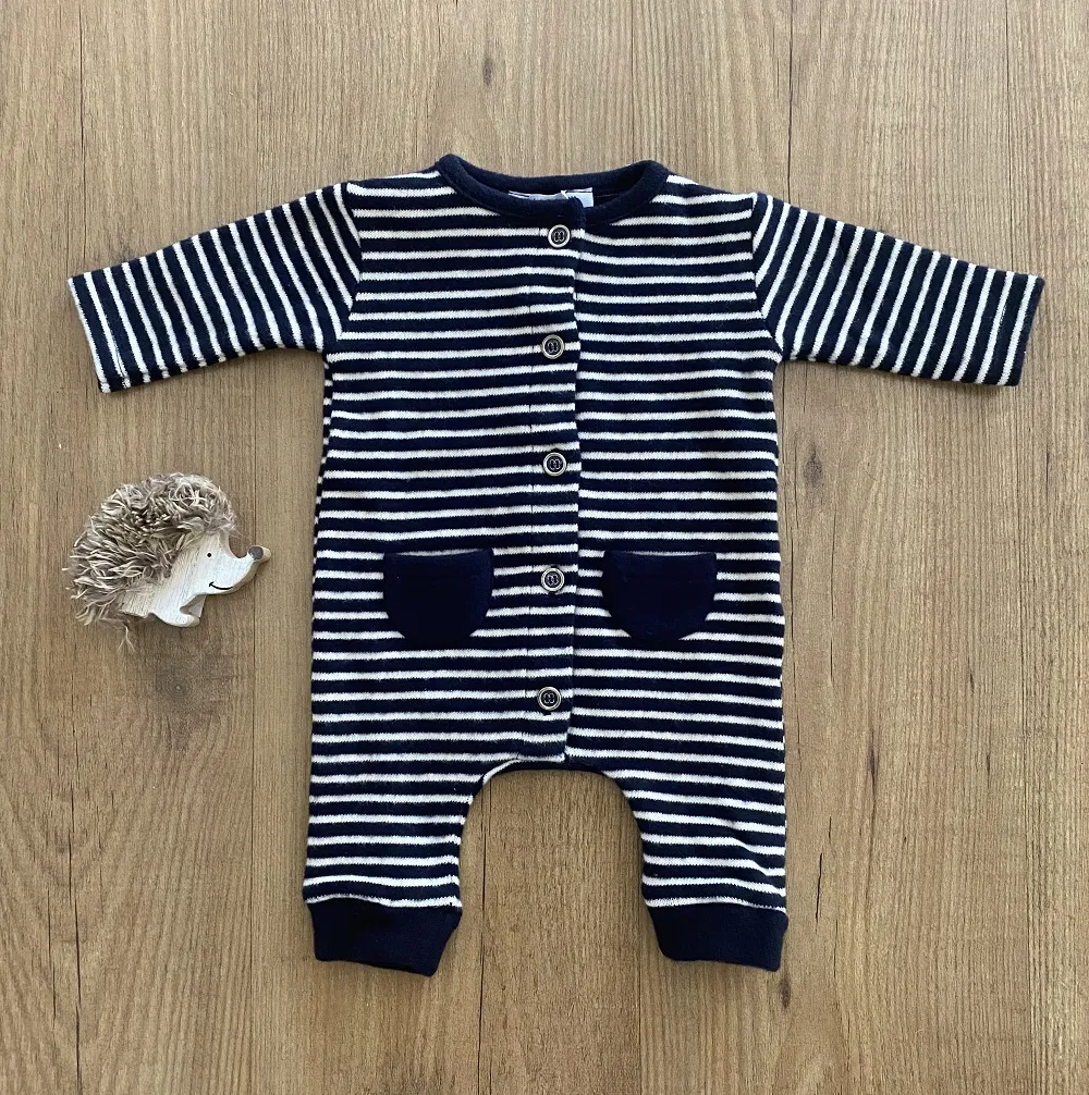 ONEPIECE FOOTLESS ROMPER IN NAVY AND WHITE COTTON JERSEY