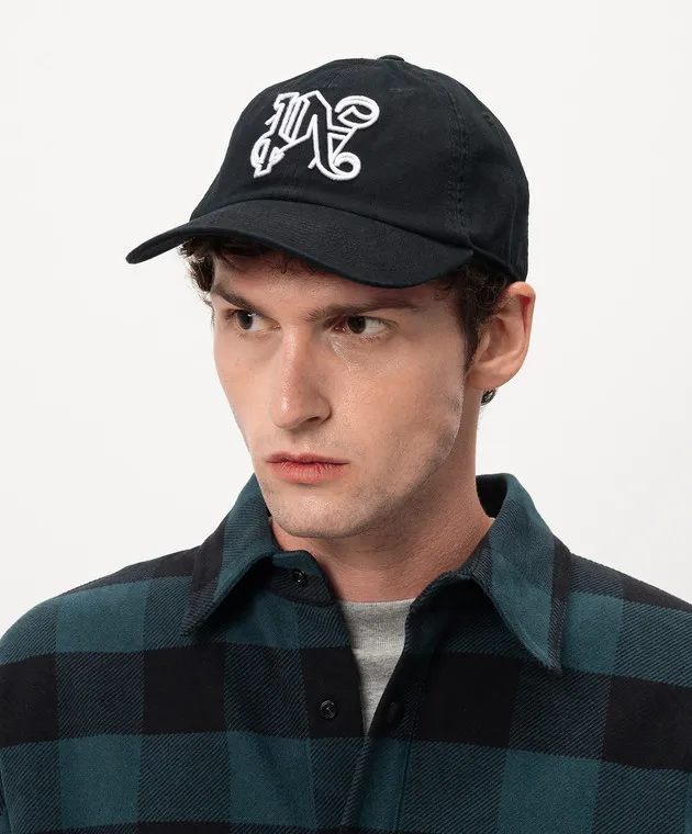 Palm Angels Black cap with monogram logo embroidery