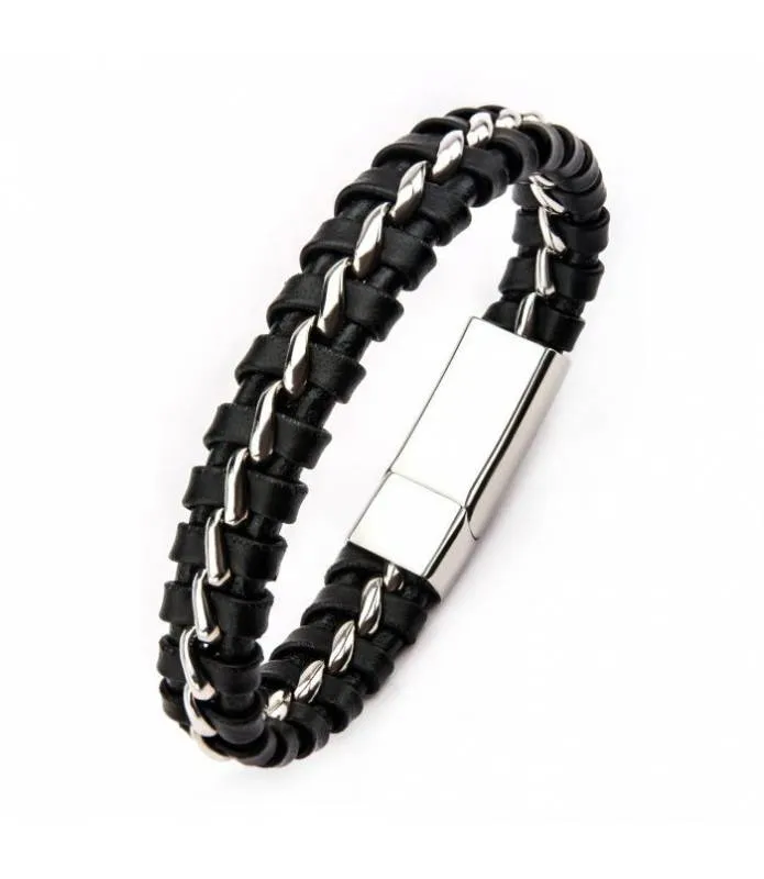 Pulsera cuero trenzado negro con acero inoxidable Inox BR307
