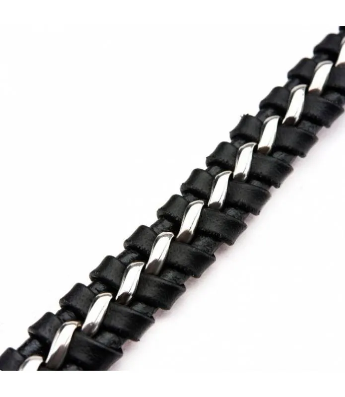 Pulsera cuero trenzado negro con acero inoxidable Inox BR307