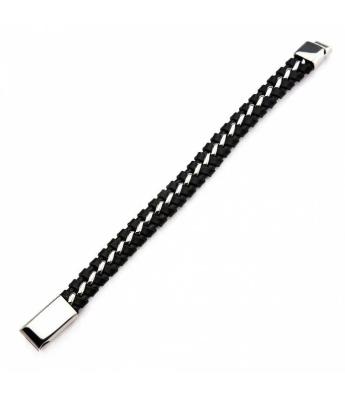 Pulsera cuero trenzado negro con acero inoxidable Inox BR307