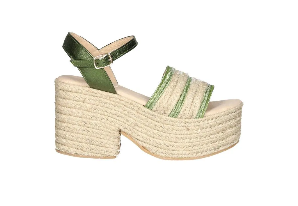 Sandalia Rafia Verde Pala Tira Ancha Talon Piel Piso Esparto