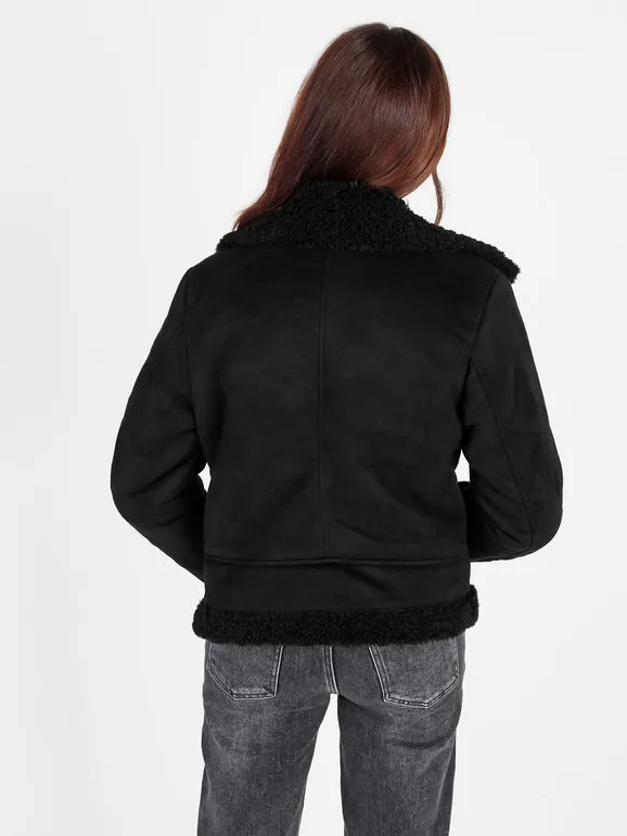 Solada Cazadora biker de mujer de ante con cuello de pelo sintético