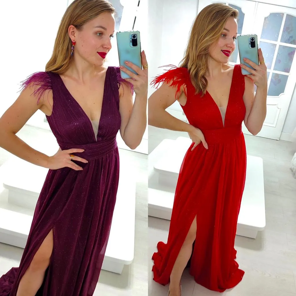 Vestido gala plumas