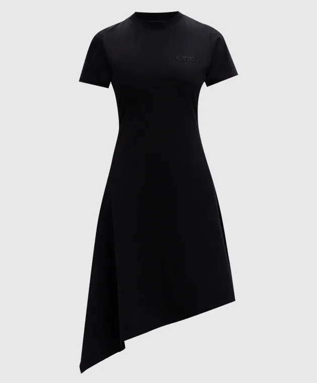 Vetements Black dress of asymmetrical cut with logo