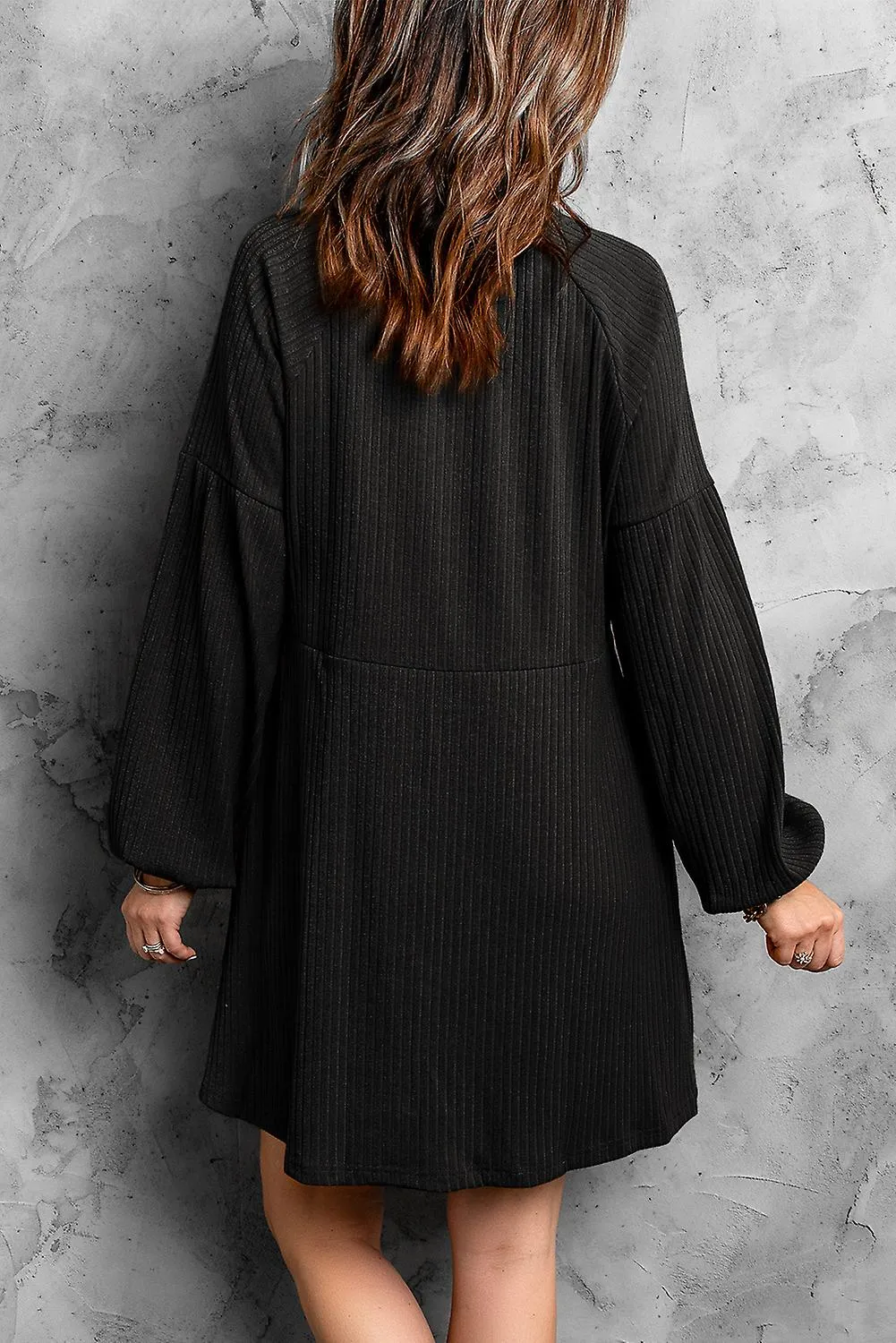 Women's Black Round Neck Empire Waist Ribbed Knit Dress