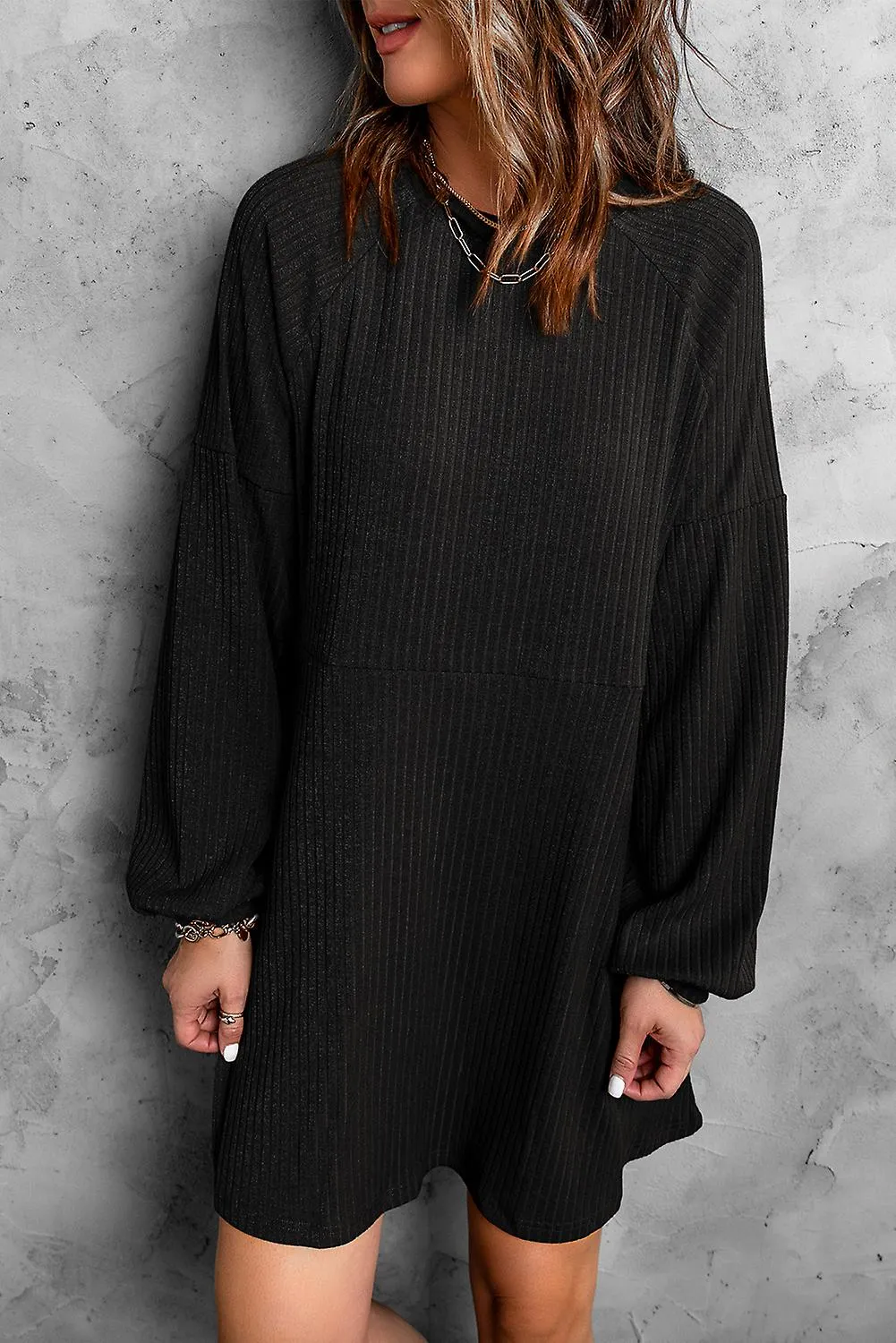 Women's Black Round Neck Empire Waist Ribbed Knit Dress