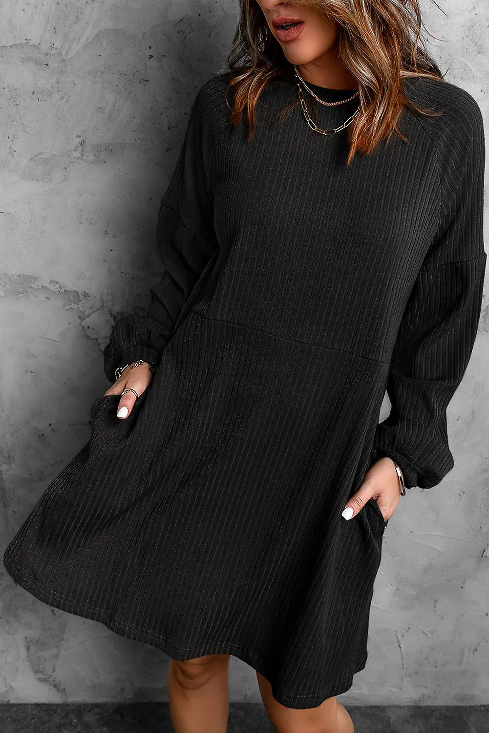 Women's Black Round Neck Empire Waist Ribbed Knit Dress