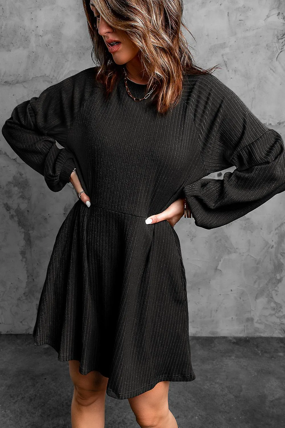Women's Black Round Neck Empire Waist Ribbed Knit Dress