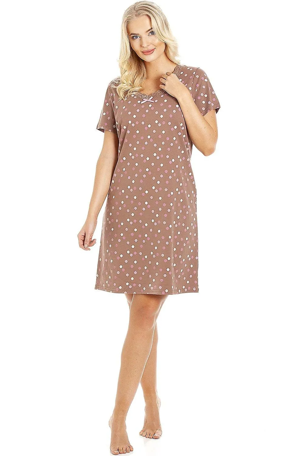 Women's Camille Multi Coloured Polka Dot Light Brown Cotton Nightdress 