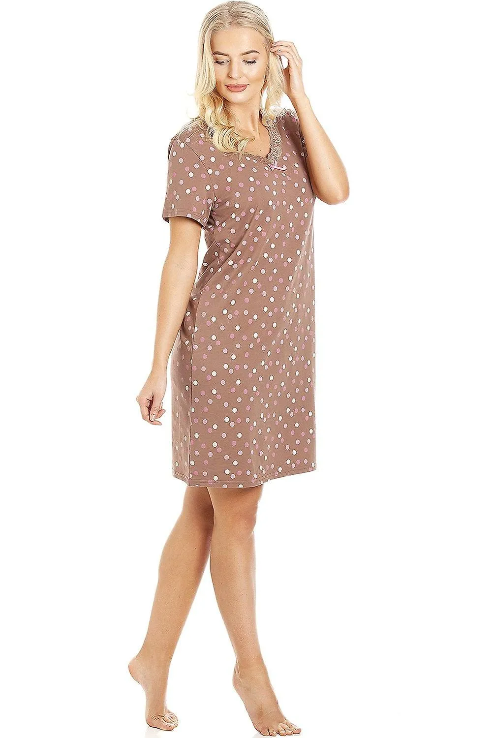 Women's Camille Multi Coloured Polka Dot Light Brown Cotton Nightdress 