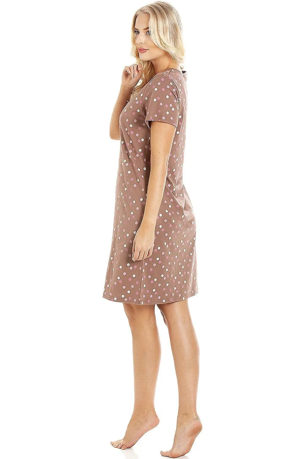 Women's Camille Multi Coloured Polka Dot Light Brown Cotton Nightdress 
