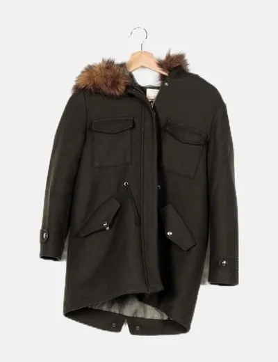 Zara Abrigo verde capucha pelo